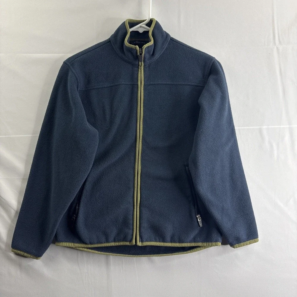 Land's End Boys Medium (10-12) Full Zip Blue Green Fleece Jacket Outdoors Hiking